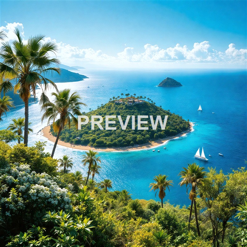 A lush green island with palm trees and a beach, surrounded by bright blue ocean waters and sailing boats, under a partly cloudy sky.